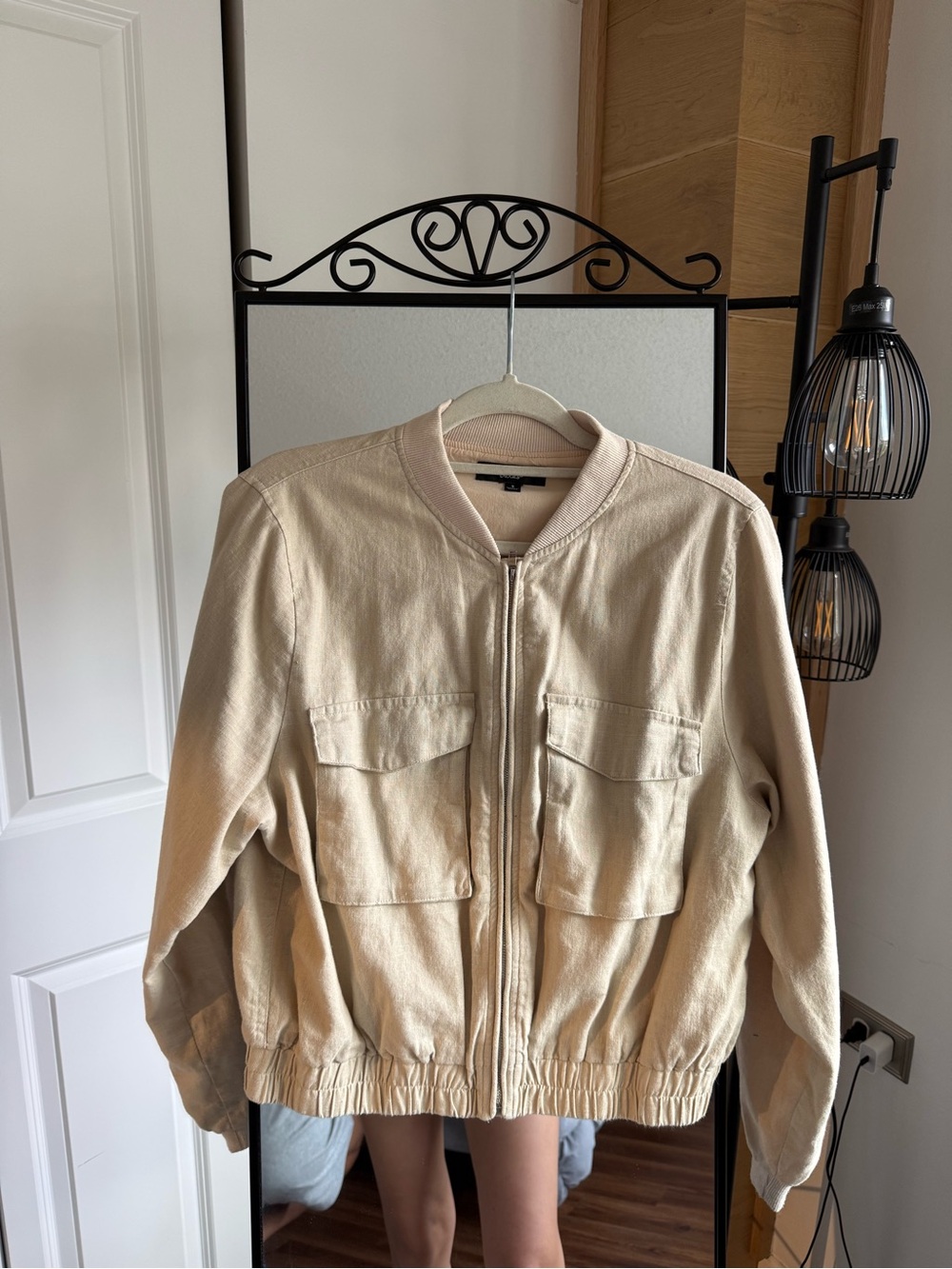Beige Women's Bomber Jacket with Front Pockets